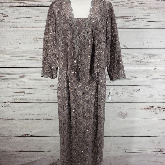 Alex Evenings New 2piece Set Pewter Frost Lace Sequins Evening Dress Size 16 - Picture 1 of 14